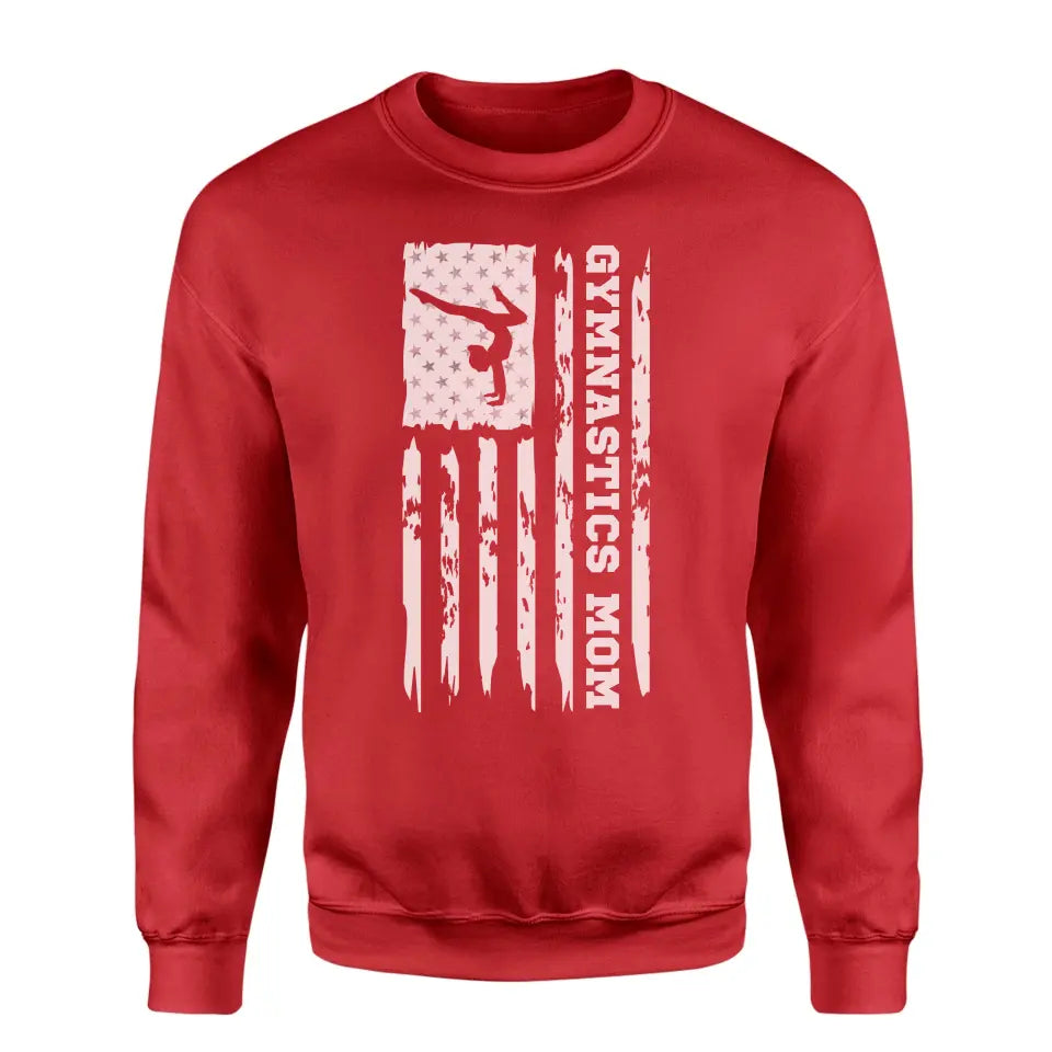 gymnastics mom vertical flag on a sweatshirt with a white graphic