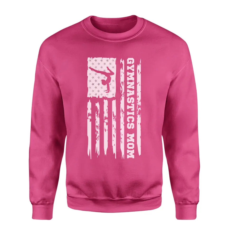 gymnastics mom vertical flag on a sweatshirt with a white graphic