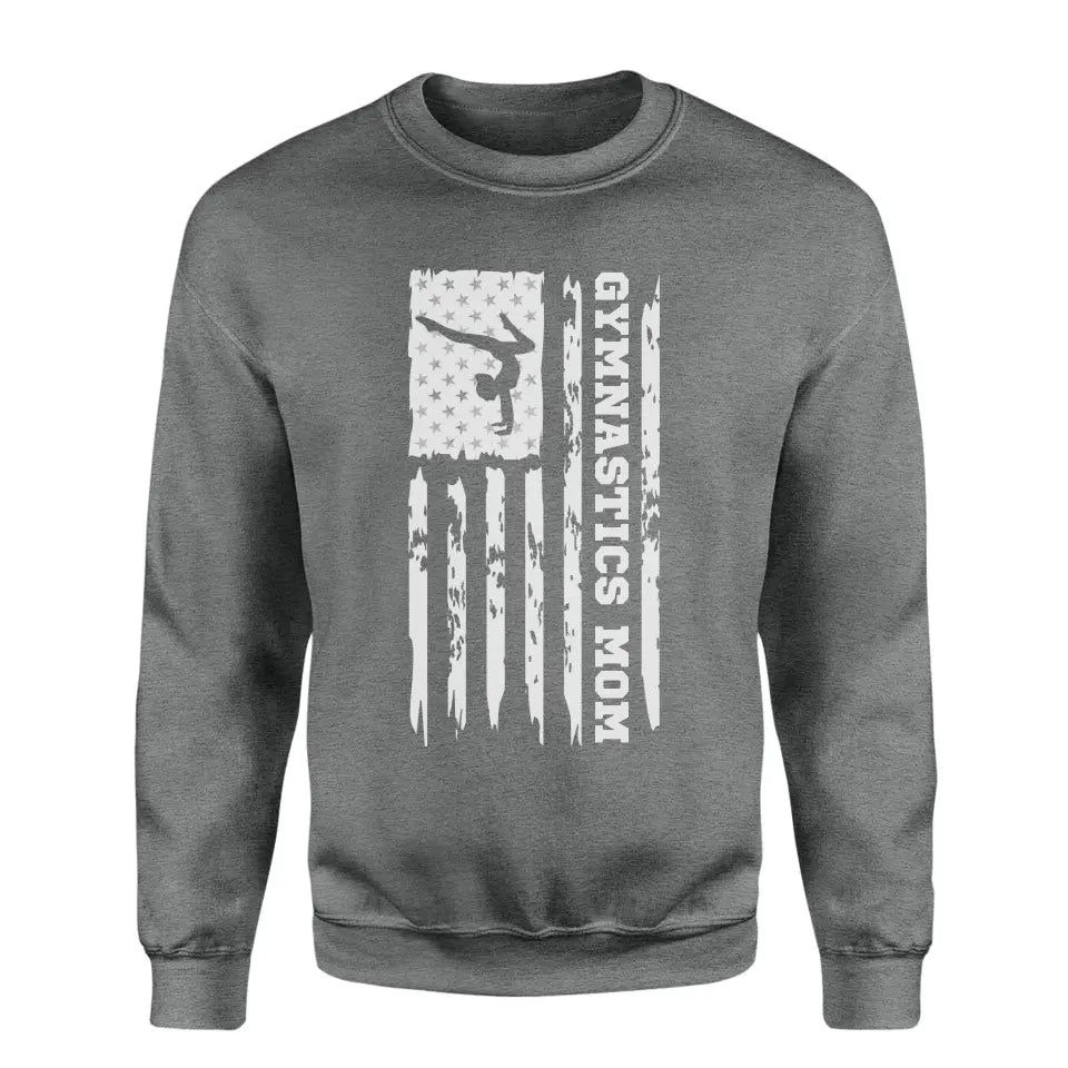 gymnastics mom vertical flag on a sweatshirt with a white graphic