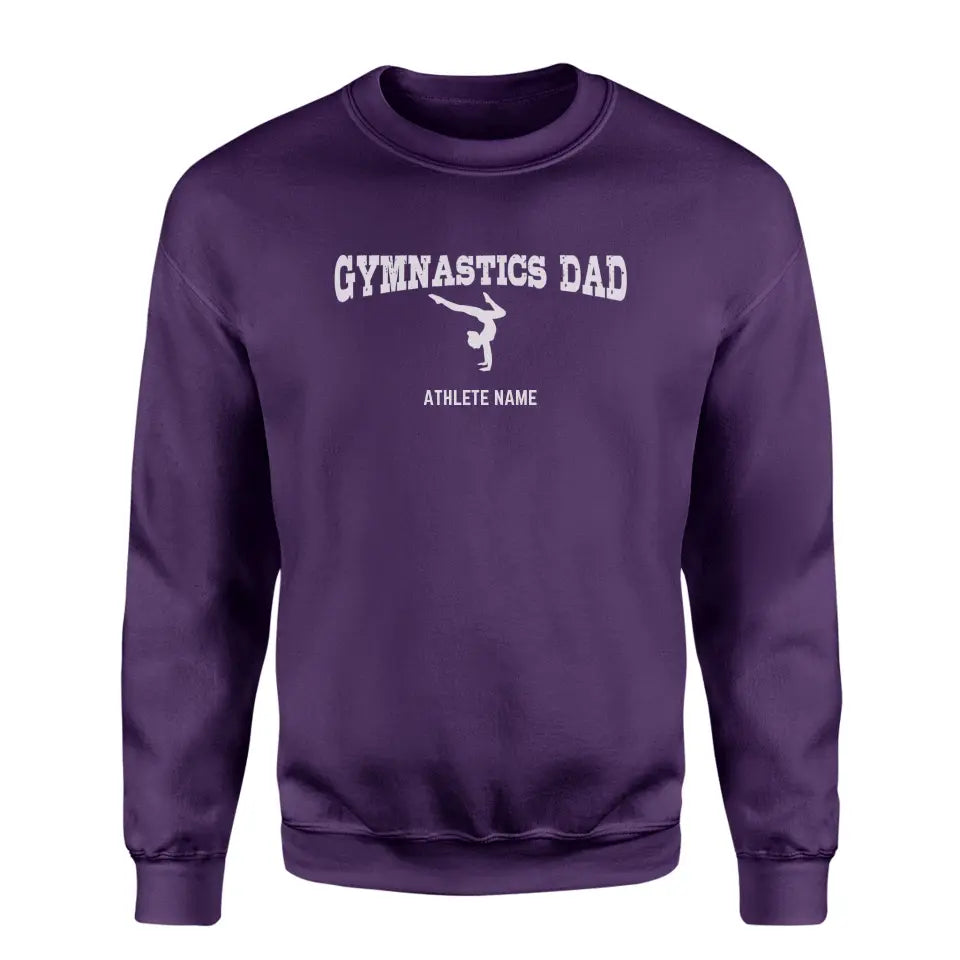 gymnastics dad with gymnast icon and gymnast name on a sweatshirt with a white graphic