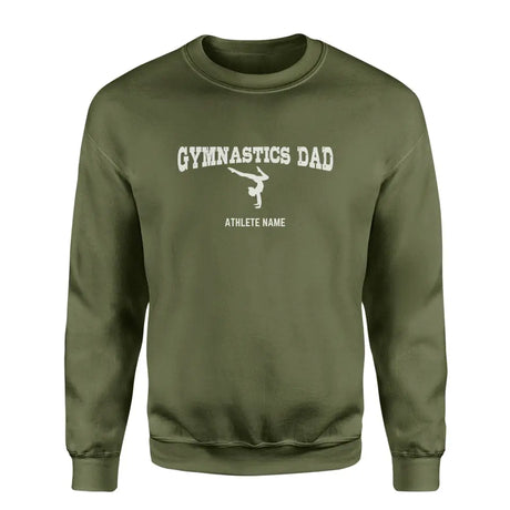 gymnastics dad with gymnast icon and gymnast name on a sweatshirt with a white graphic