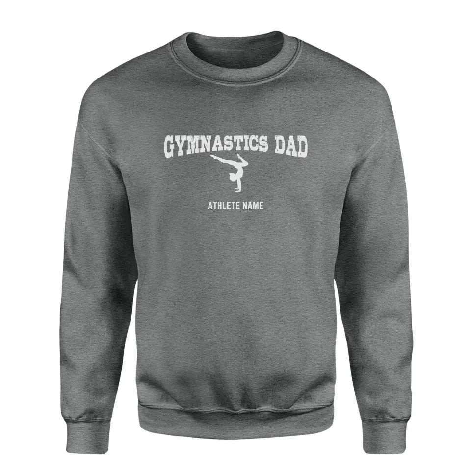 gymnastics dad with gymnast icon and gymnast name on a sweatshirt with a white graphic