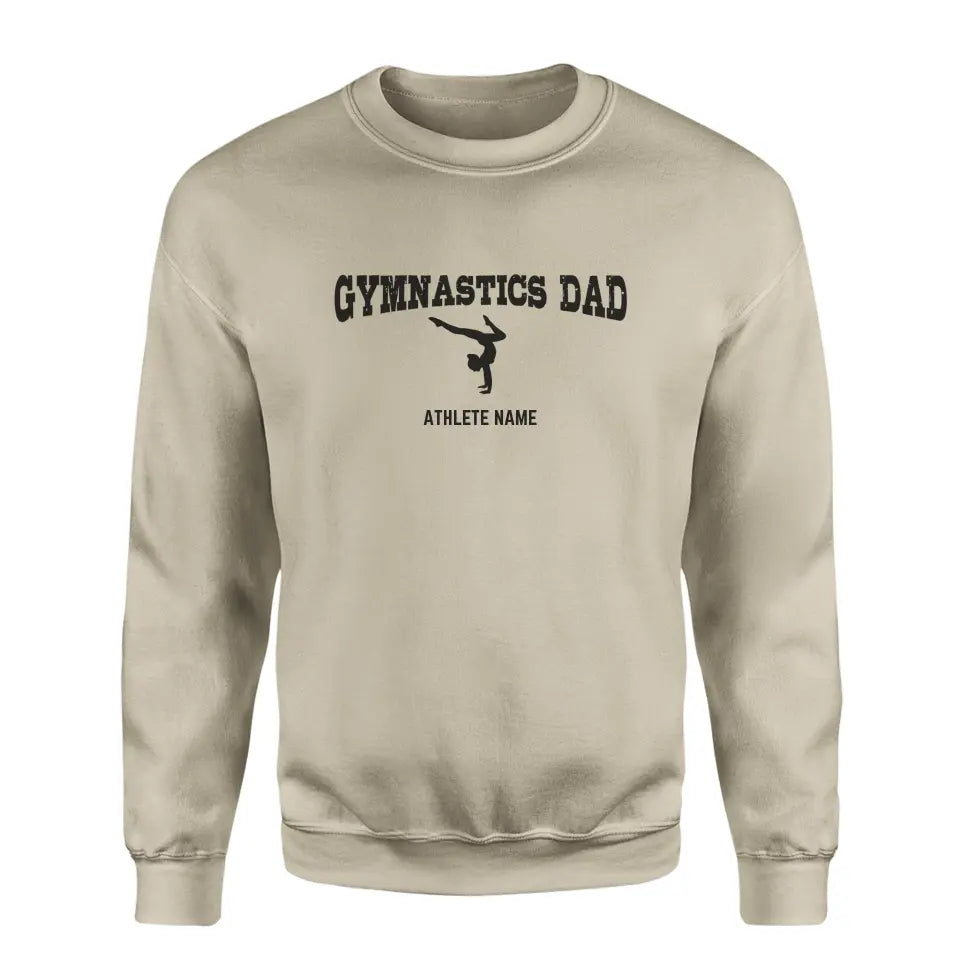 gymnastics dad with gymnast icon and gymnast name on a sweatshirt with a black graphic