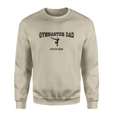 gymnastics dad with gymnast icon and gymnast name on a sweatshirt with a black graphic