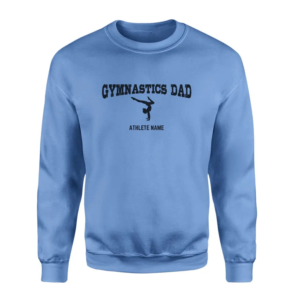 gymnastics dad with gymnast icon and gymnast name on a sweatshirt with a black graphic