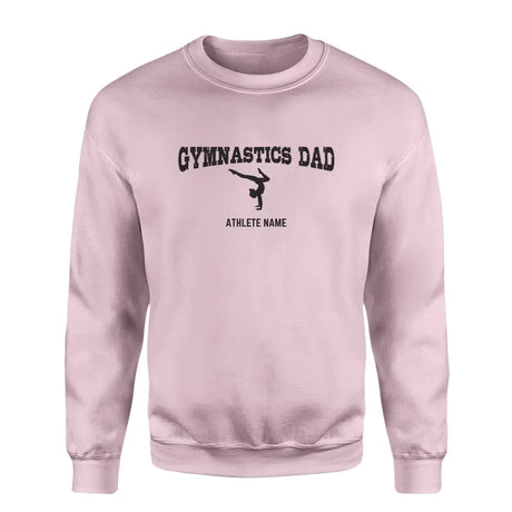 gymnastics dad with gymnast icon and gymnast name on a sweatshirt with a black graphic