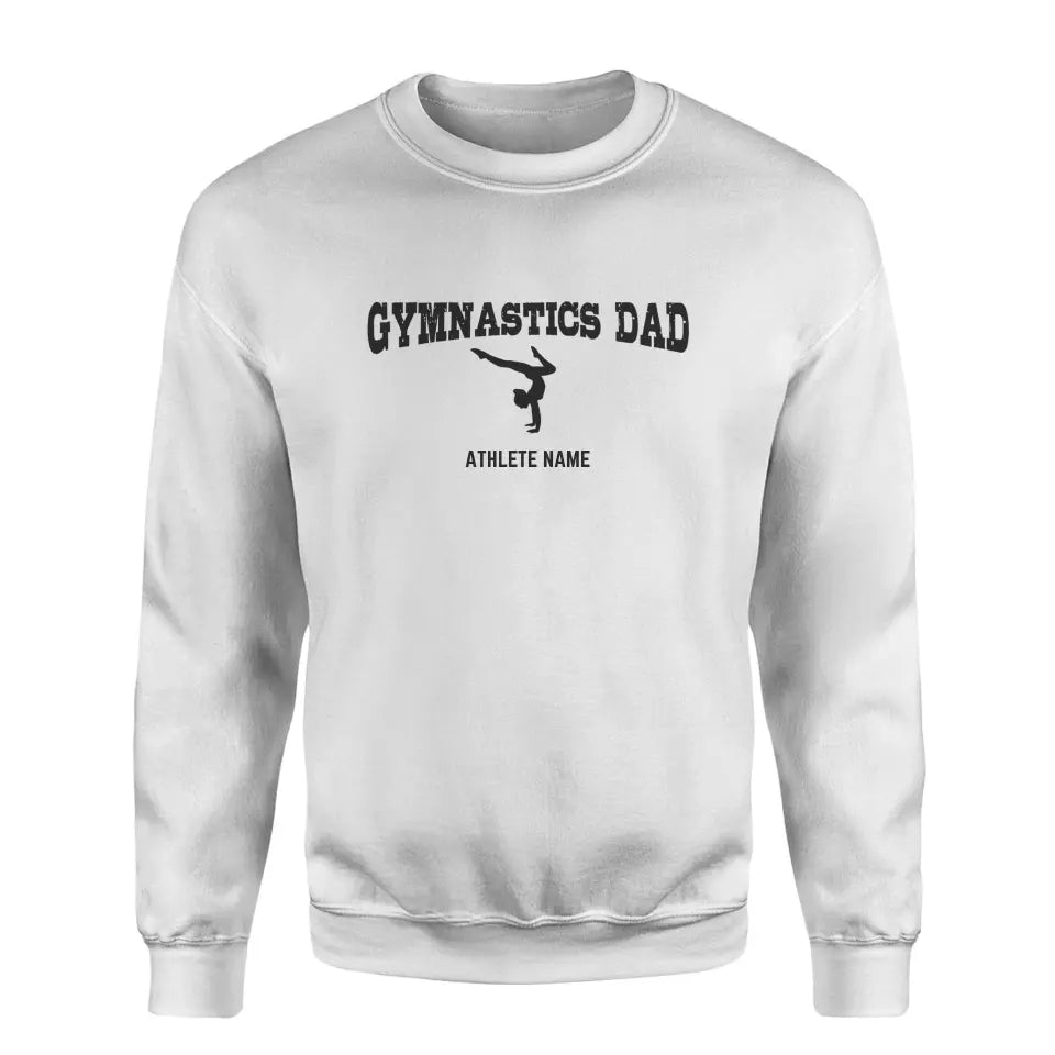 gymnastics dad with gymnast icon and gymnast name on a sweatshirt with a black graphic