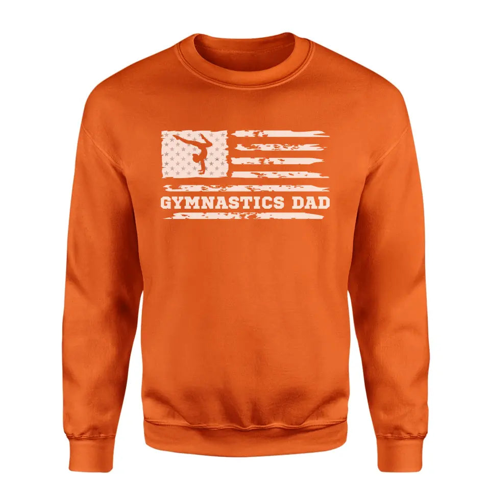 gymnastics dad horizontal flag on a sweatshirt with a white graphic