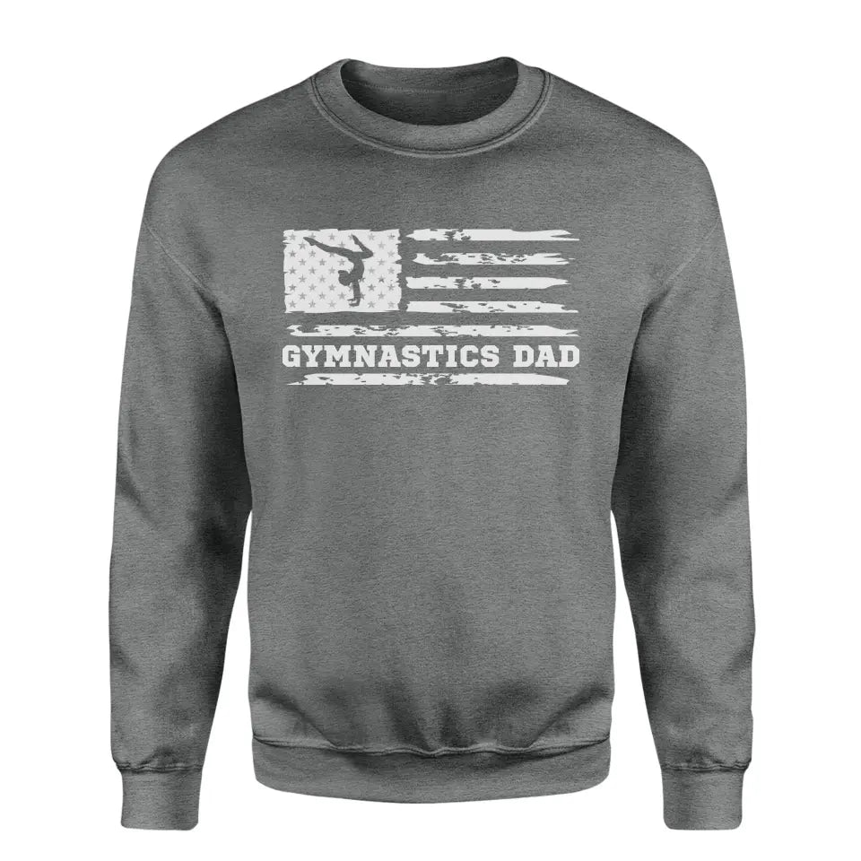 gymnastics dad horizontal flag on a sweatshirt with a white graphic