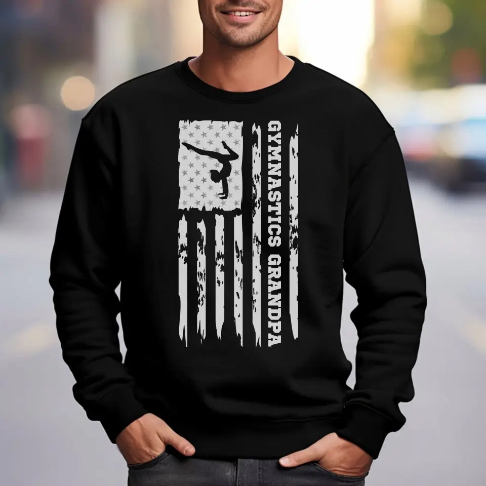 gymnastics grandpa vertical flag on a sweatshirt with a white graphic