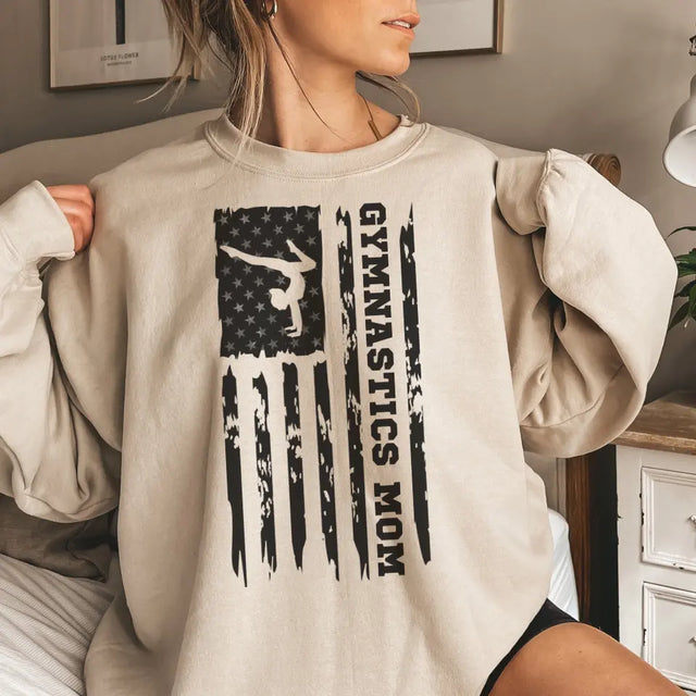 gymnastics mom vertical flag on a sweatshirt with a black graphic