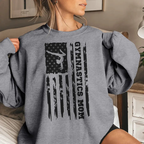 gymnastics mom vertical flag on a sweatshirt with a black graphic