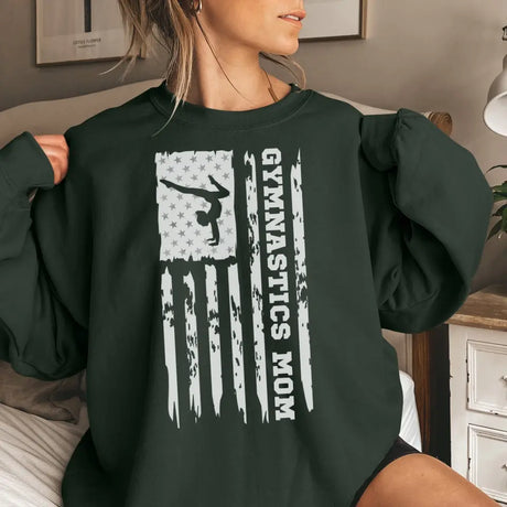 gymnastics mom vertical flag on a sweatshirt with a white graphic