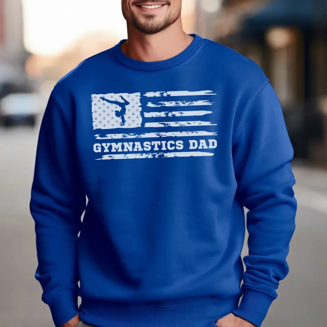 gymnastics dad horizontal flag on a sweatshirt with a white graphic