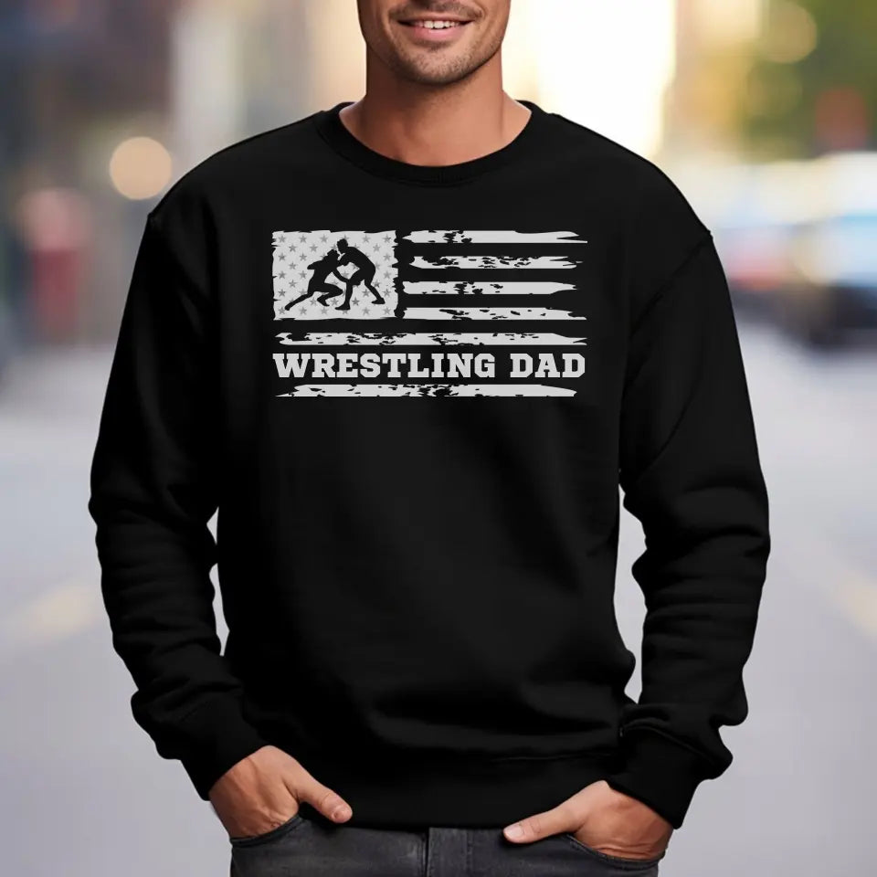 wrestling dad horizontal flag on a sweatshirt with a white graphic