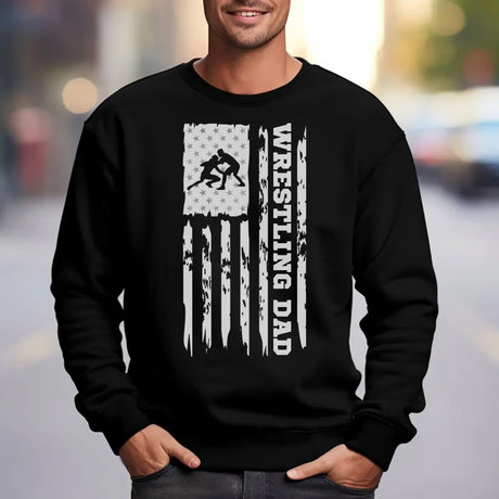 wrestling dad vertical flag on a sweatshirt with a white graphic