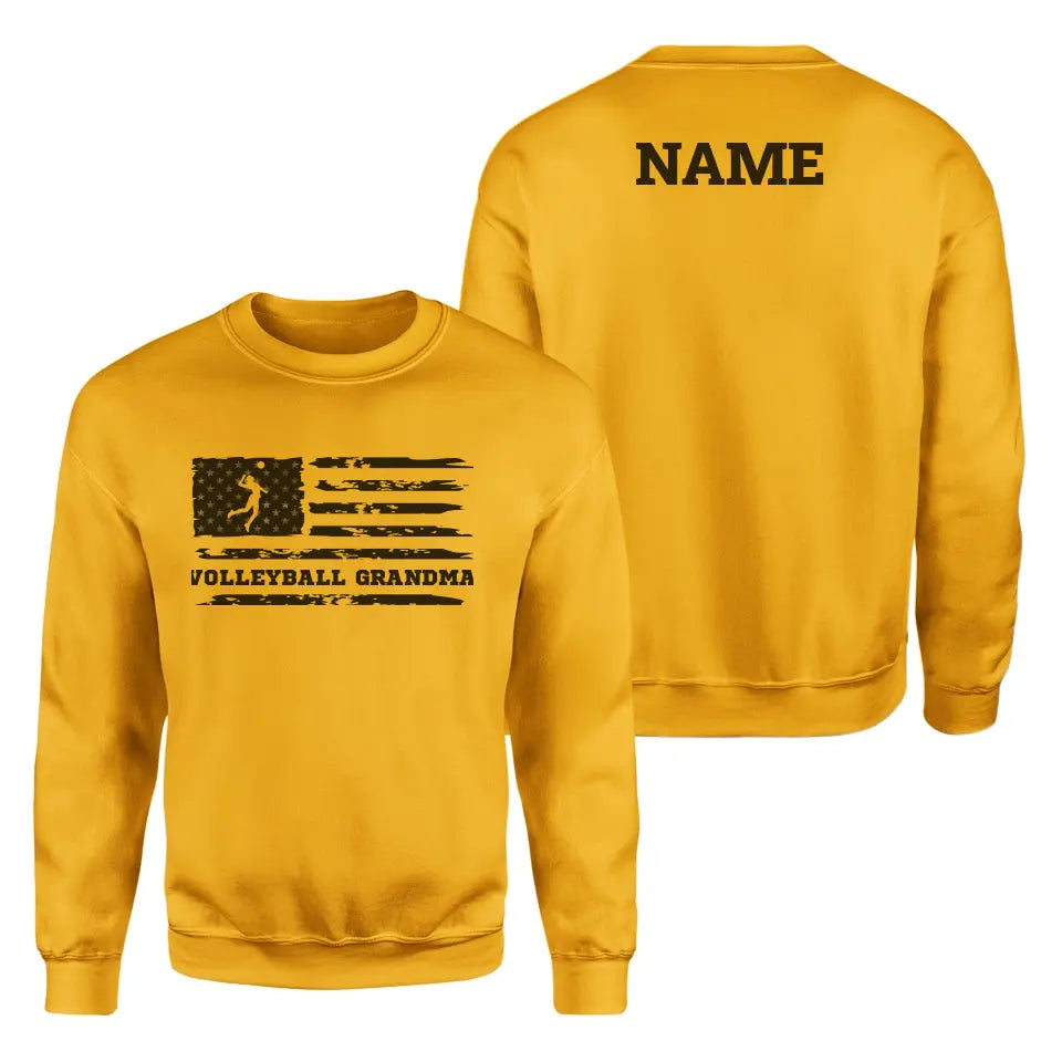 volleyball grandma horizontal flag with volleyball player name on a sweatshirt with a black graphic