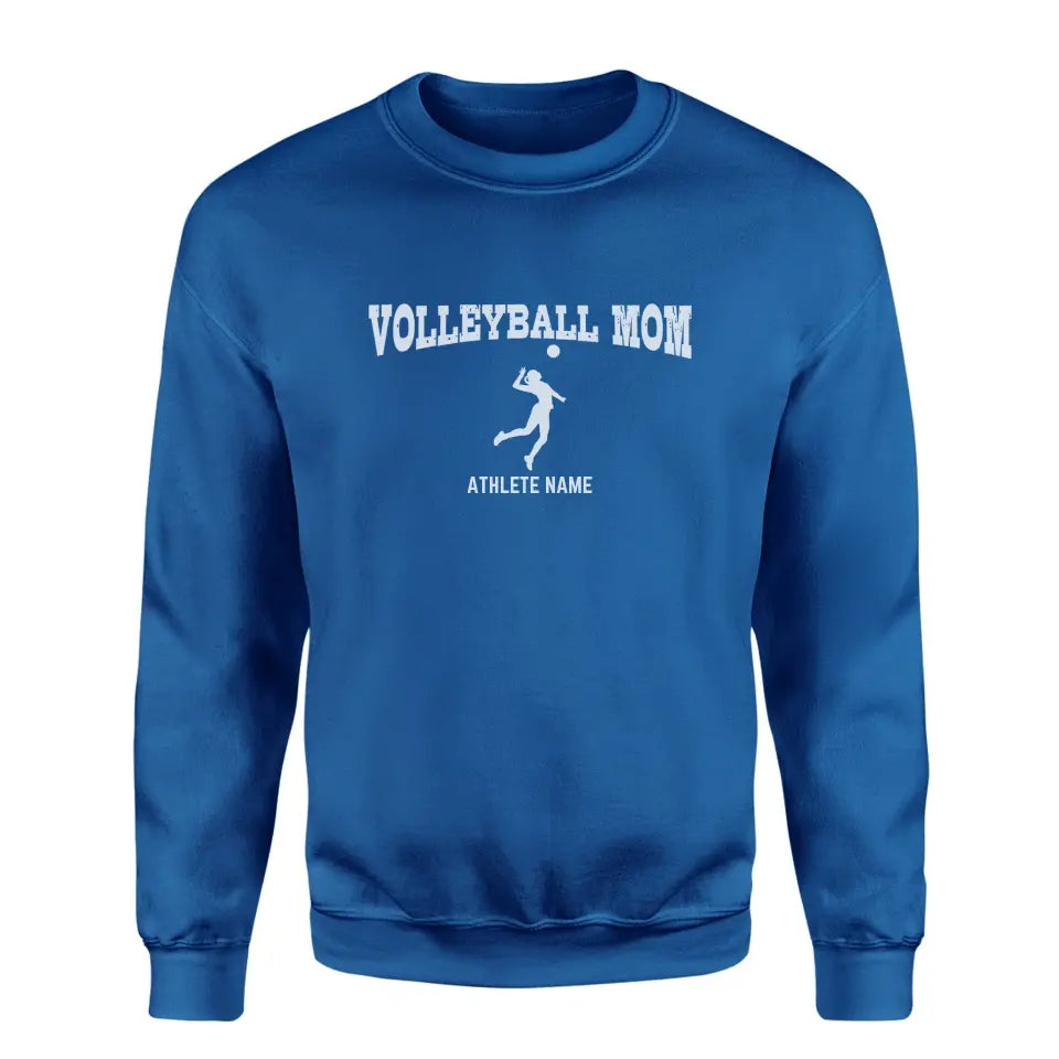 volleyball mom with volleyball player icon and volleyball player name on a sweatshirt with a white graphic