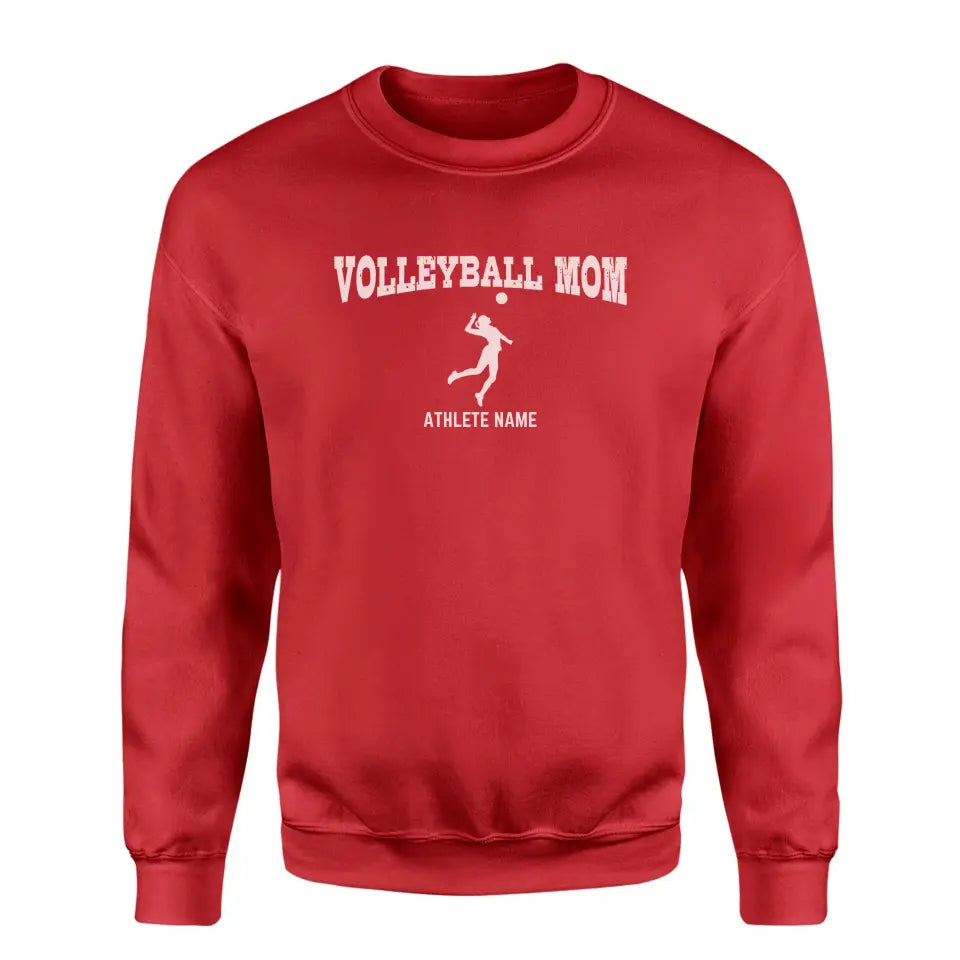 volleyball mom with volleyball player icon and volleyball player name on a sweatshirt with a white graphic