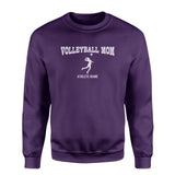 volleyball mom with volleyball player icon and volleyball player name on a sweatshirt with a white graphic