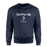 volleyball mom with volleyball player icon and volleyball player name on a sweatshirt with a white graphic