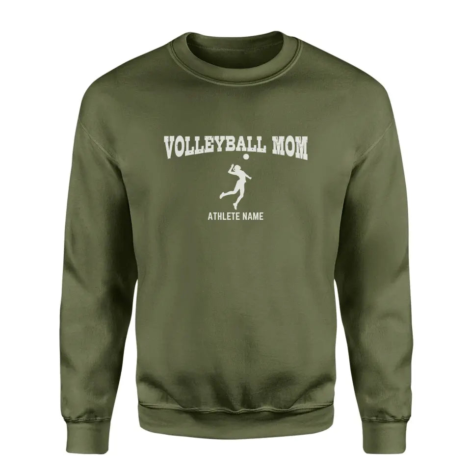 volleyball mom with volleyball player icon and volleyball player name on a sweatshirt with a white graphic