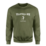 volleyball mom with volleyball player icon and volleyball player name on a sweatshirt with a white graphic