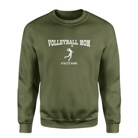 volleyball mom with volleyball player icon and volleyball player name on a sweatshirt with a white graphic