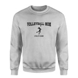 volleyball mom with volleyball player icon and volleyball player name on a sweatshirt with a black graphic