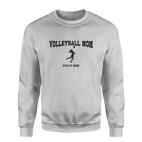 volleyball mom with volleyball player icon and volleyball player name on a sweatshirt with a black graphic