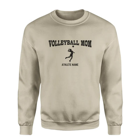 volleyball mom with volleyball player icon and volleyball player name on a sweatshirt with a black graphic