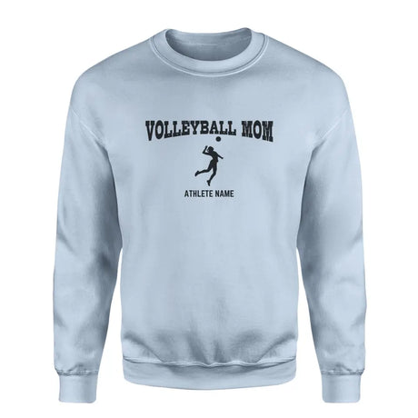 volleyball mom with volleyball player icon and volleyball player name on a sweatshirt with a black graphic