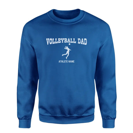 volleyball dad with volleyball player icon and volleyball player name on a sweatshirt with a white graphic