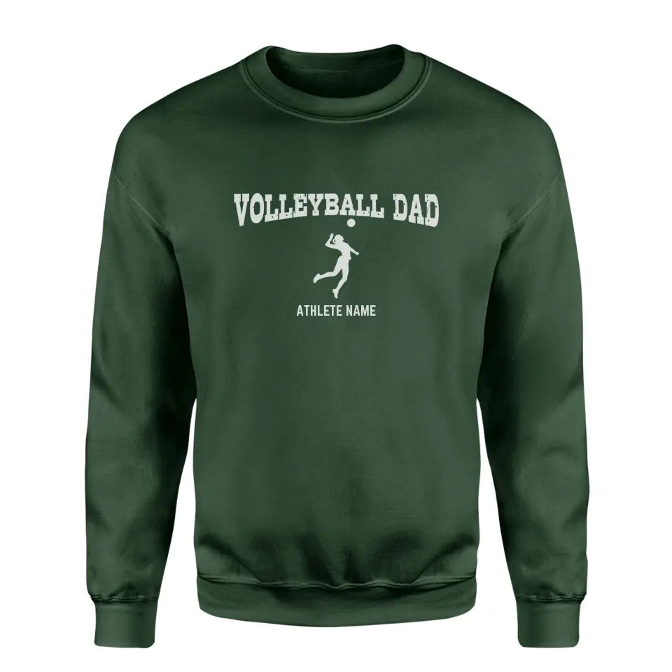 volleyball dad with volleyball player icon and volleyball player name on a sweatshirt with a white graphic