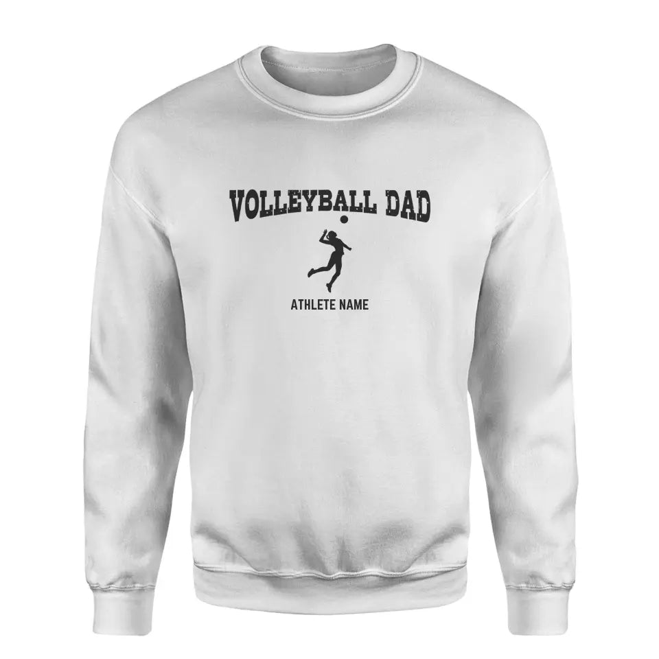 volleyball dad with volleyball player icon and volleyball player name on a sweatshirt with a black graphic