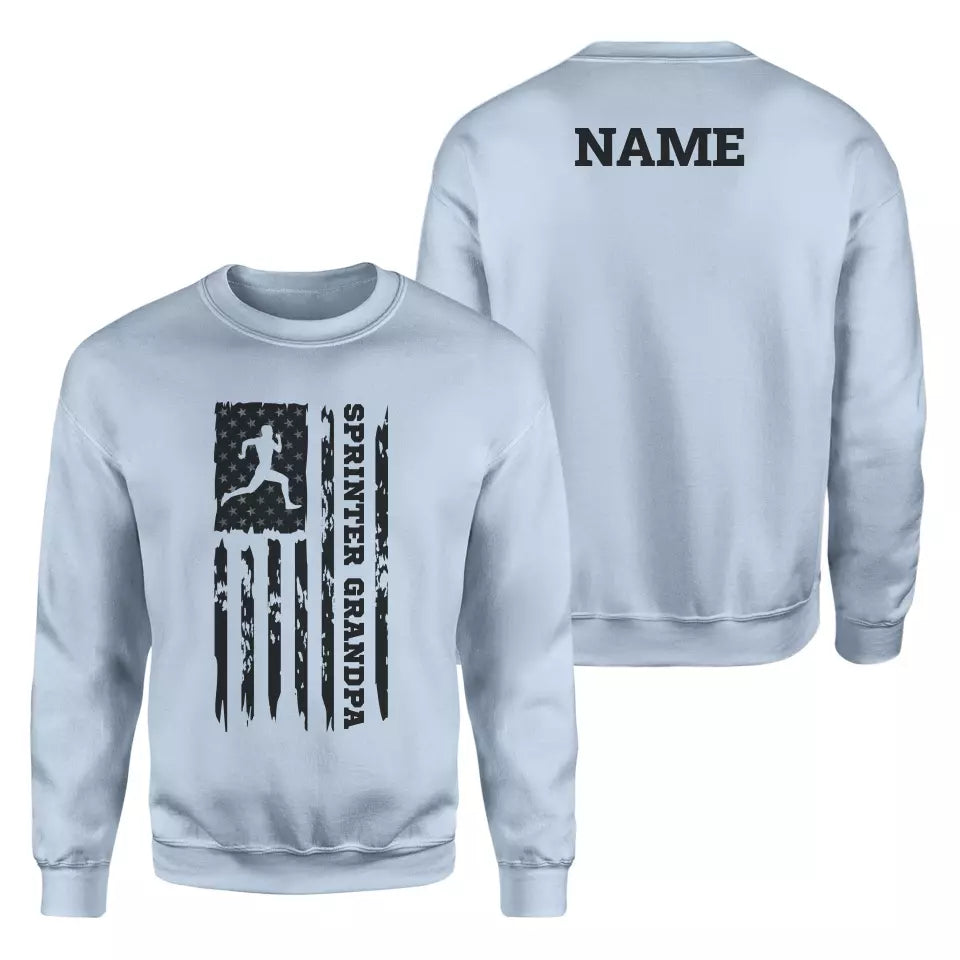 sprint grandpa vertical flag with sprinter name on a sweatshirt with a black graphic