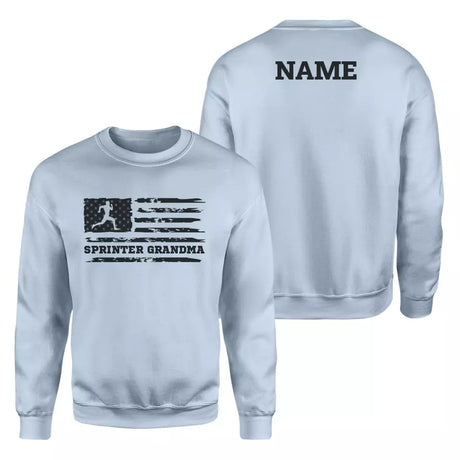 sprint grandma horizontal flag with sprinter name on a sweatshirt with a black graphic