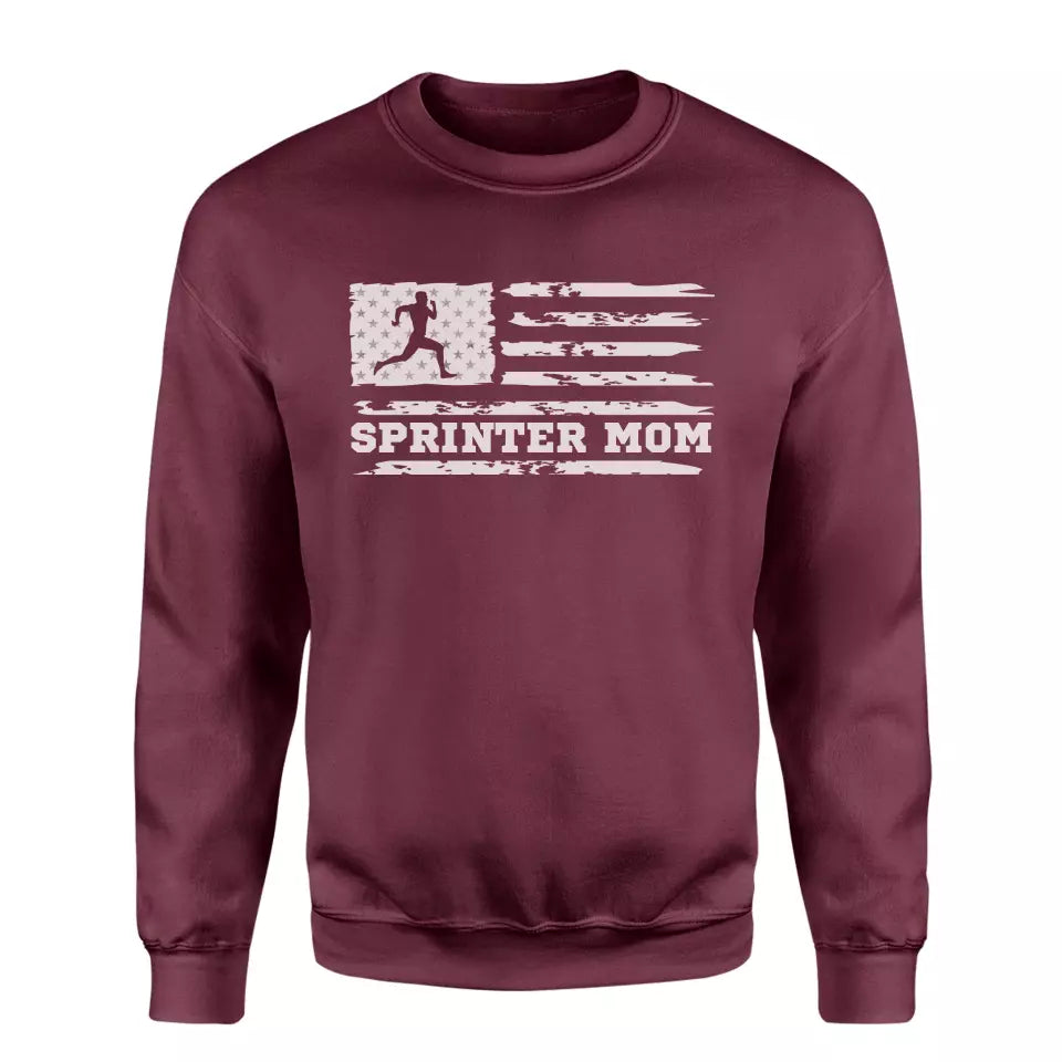 sprint mom horizontal flag on a sweatshirt with a white graphic