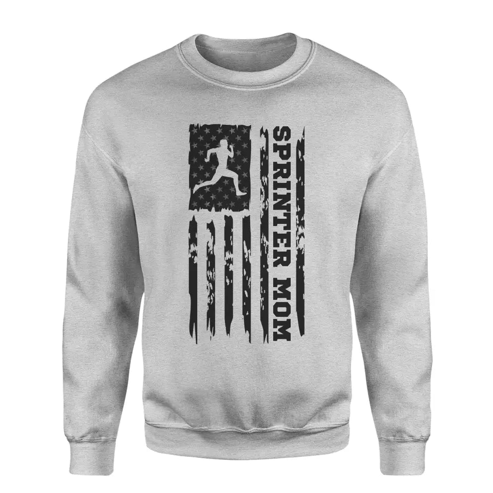 sprint mom vertical flag on a sweatshirt with a black graphic