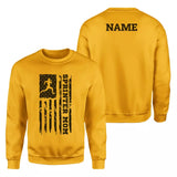 sprint mom vertical flag with sprinter name on a sweatshirt with a black graphic