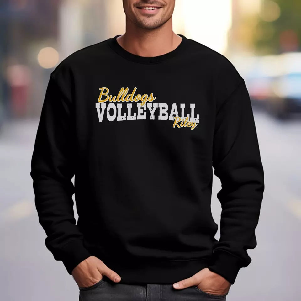 custom volleyball mascot and volleyball player name on a sweatshirt with a white graphic