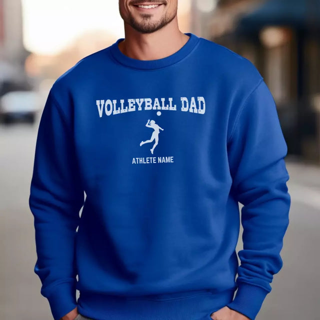 volleyball dad with volleyball player icon and volleyball player name on a sweatshirt with a white graphic