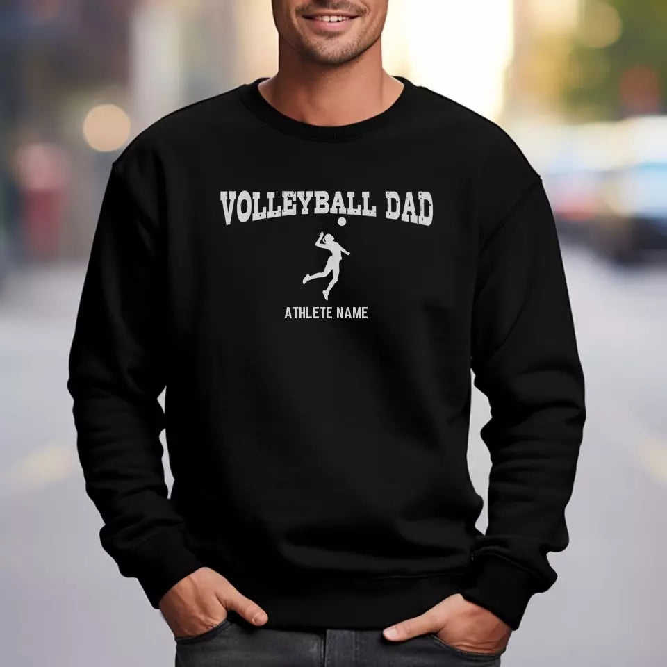 volleyball dad with volleyball player icon and volleyball player name on a sweatshirt with a white graphic