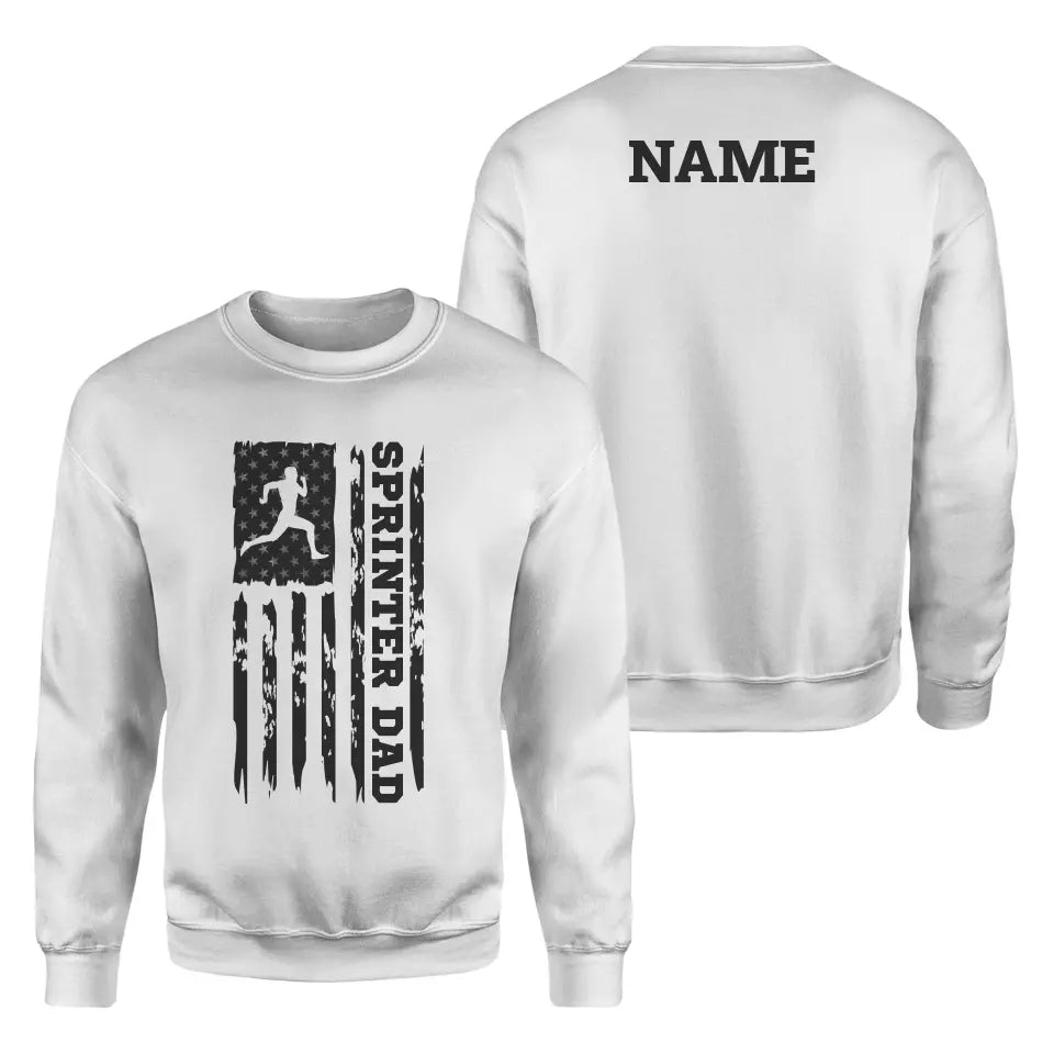 sprint dad vertical flag with sprinter name on a sweatshirt with a black graphic