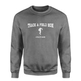 shot put mom with shot putter icon and sprinter name on a sweatshirt with a white graphic