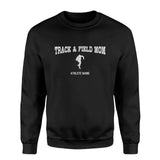 shot put mom with shot putter icon and sprinter name on a sweatshirt with a white graphic