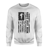 shot put mom vertical flag on a sweatshirt with a black graphic