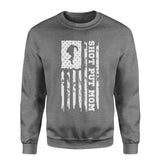 shot put mom vertical flag on a sweatshirt with a white graphic