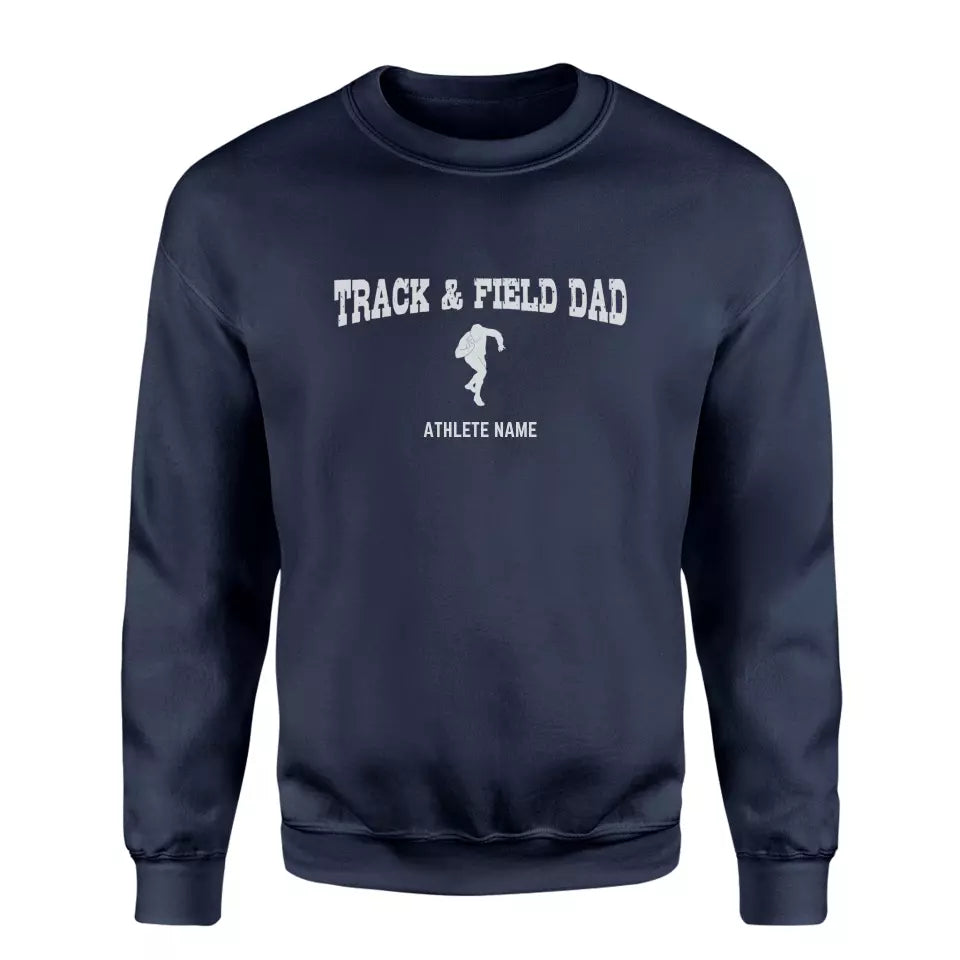 shot put dad with shot putter icon and shot putter name on a sweatshirt with a white graphic