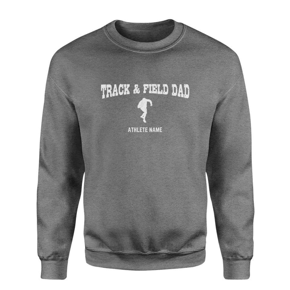 shot put dad with shot putter icon and shot putter name on a sweatshirt with a white graphic